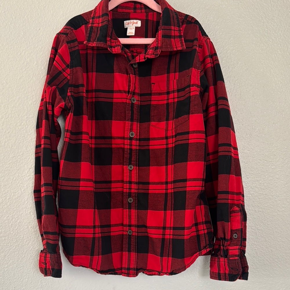 Boys Red and Black Plaid Button-Up Shirt